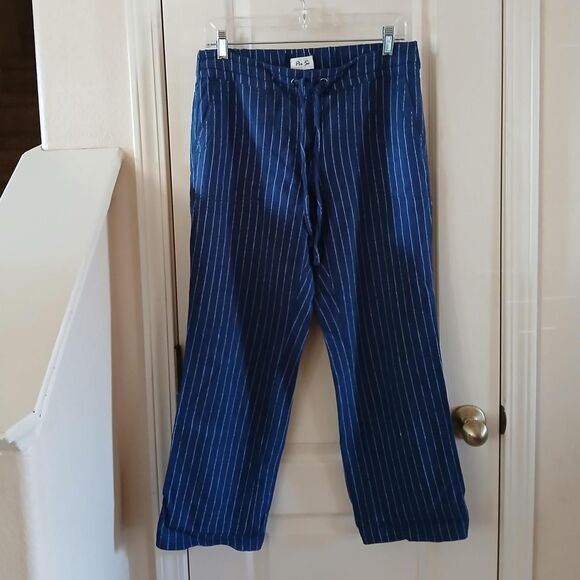 Per Se Pants - Per Se Navy Pinstripe Linen Blend Wide Leg Pants S Quiet Luxury Old Money Basic